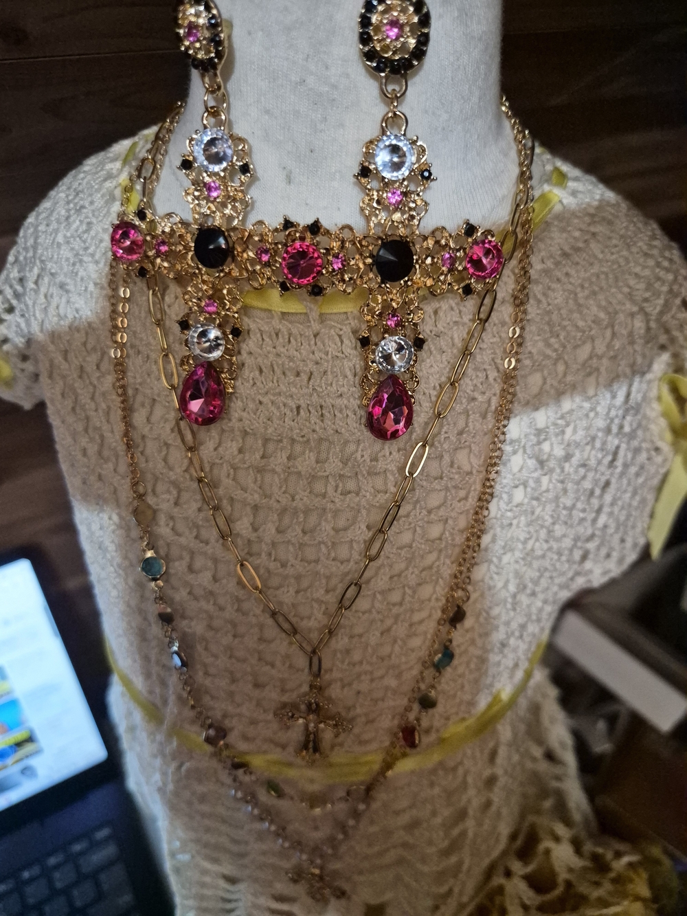 Gold-Tone Cross Pendant Layered Necklace with Pink and Multi Gem Accents